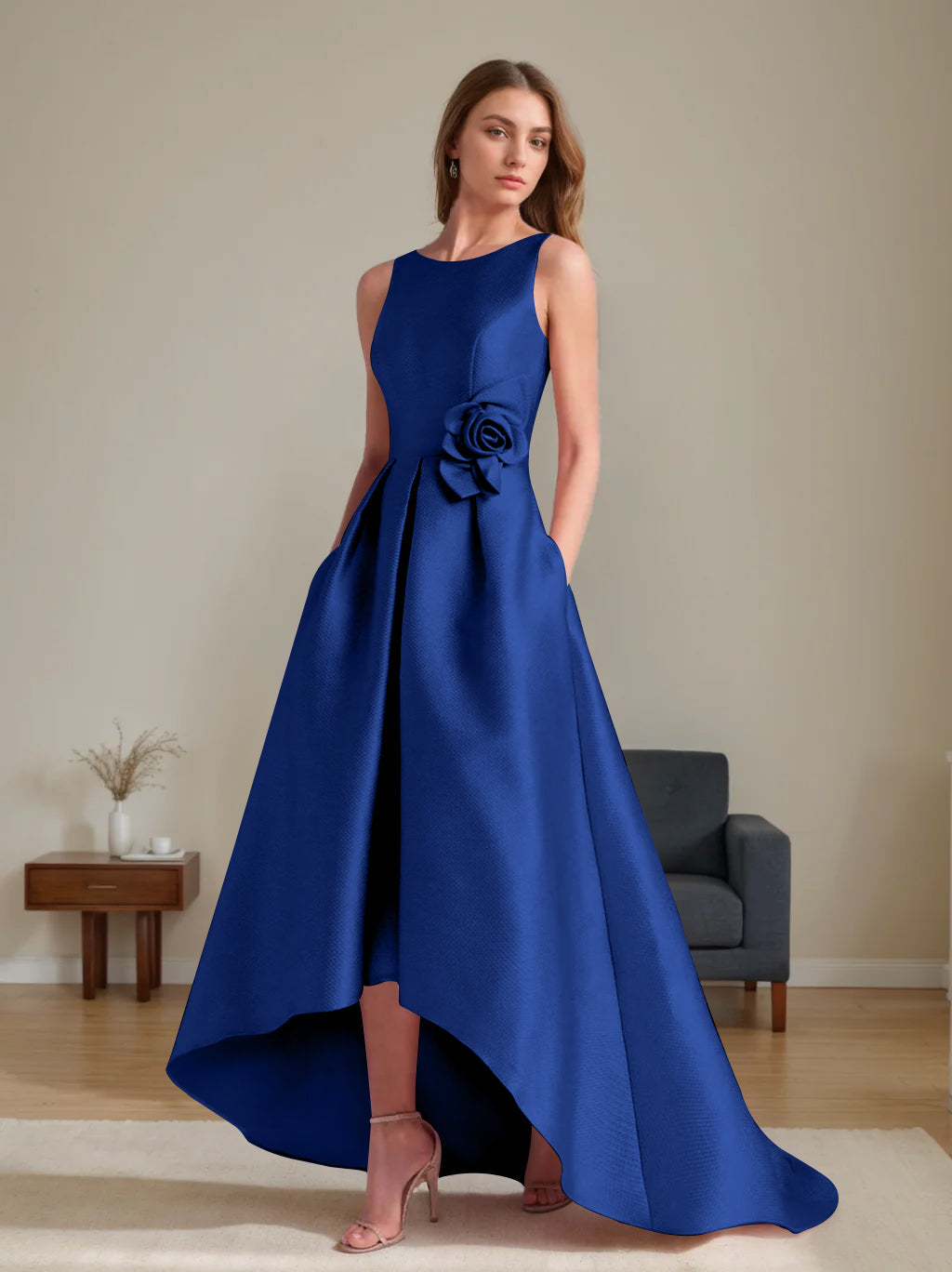 A Line Princess Scoop Sleeveless Asymmetrical Mother Of The Bride Groom Dresses With Flowers