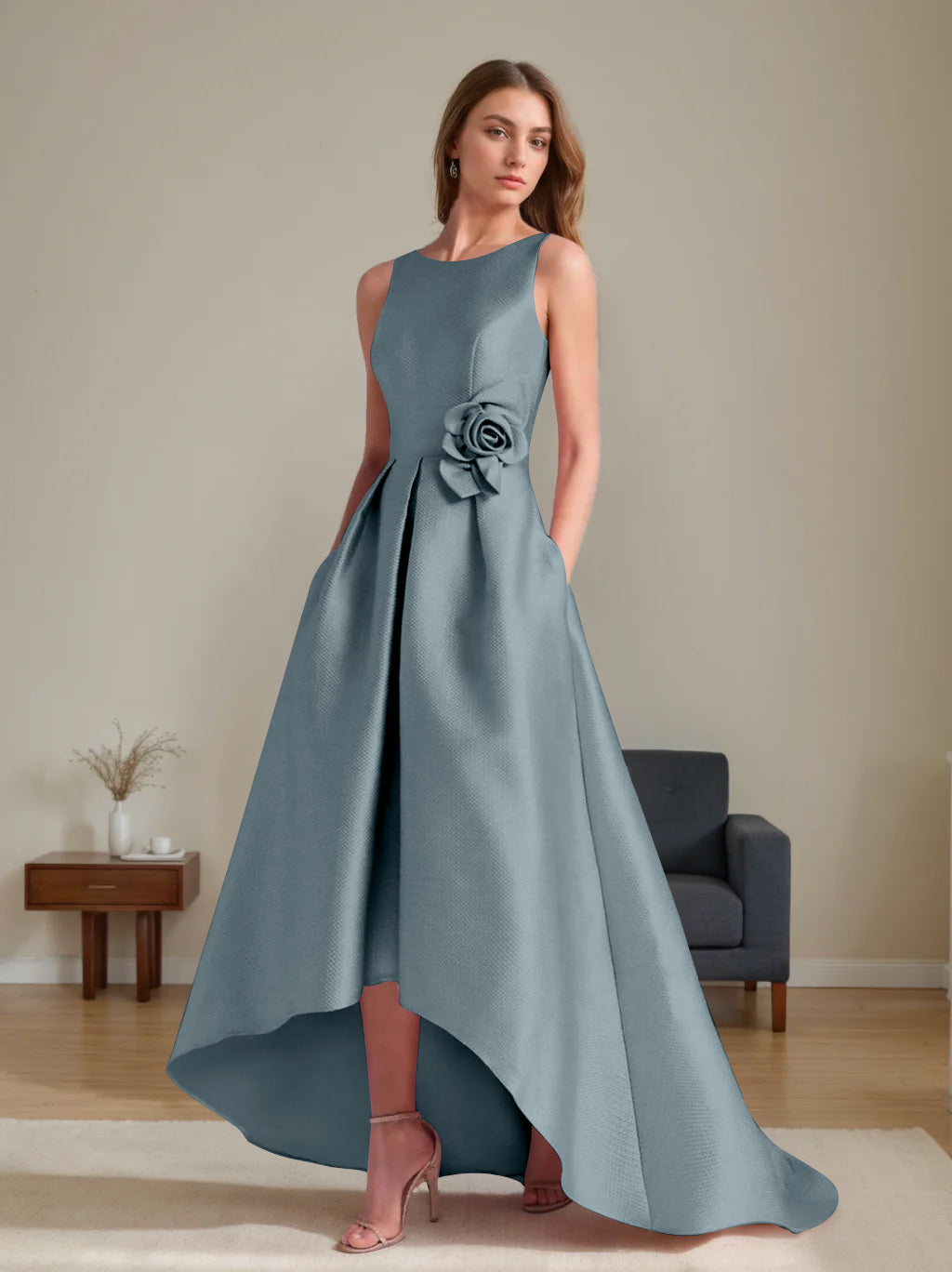 A Line Princess Scoop Sleeveless Asymmetrical Mother Of The Bride Groom Dresses With Flowers