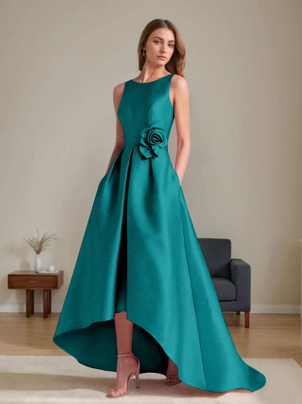 A Line Princess Scoop Sleeveless Asymmetrical Mother Of The Bride Groom Dresses With Flowers