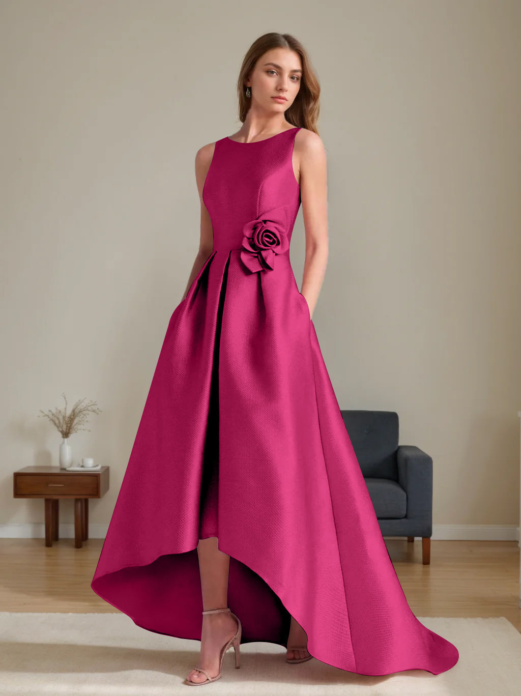 A Line Princess Scoop Sleeveless Asymmetrical Mother Of The Bride Groom Dresses With Flowers