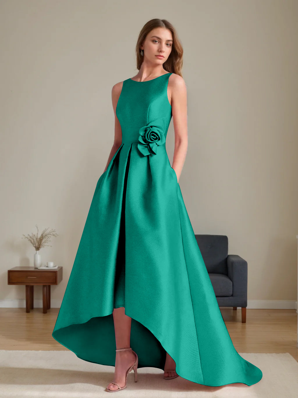 A Line Princess Scoop Sleeveless Asymmetrical Mother Of The Bride Groom Dresses With Flowers