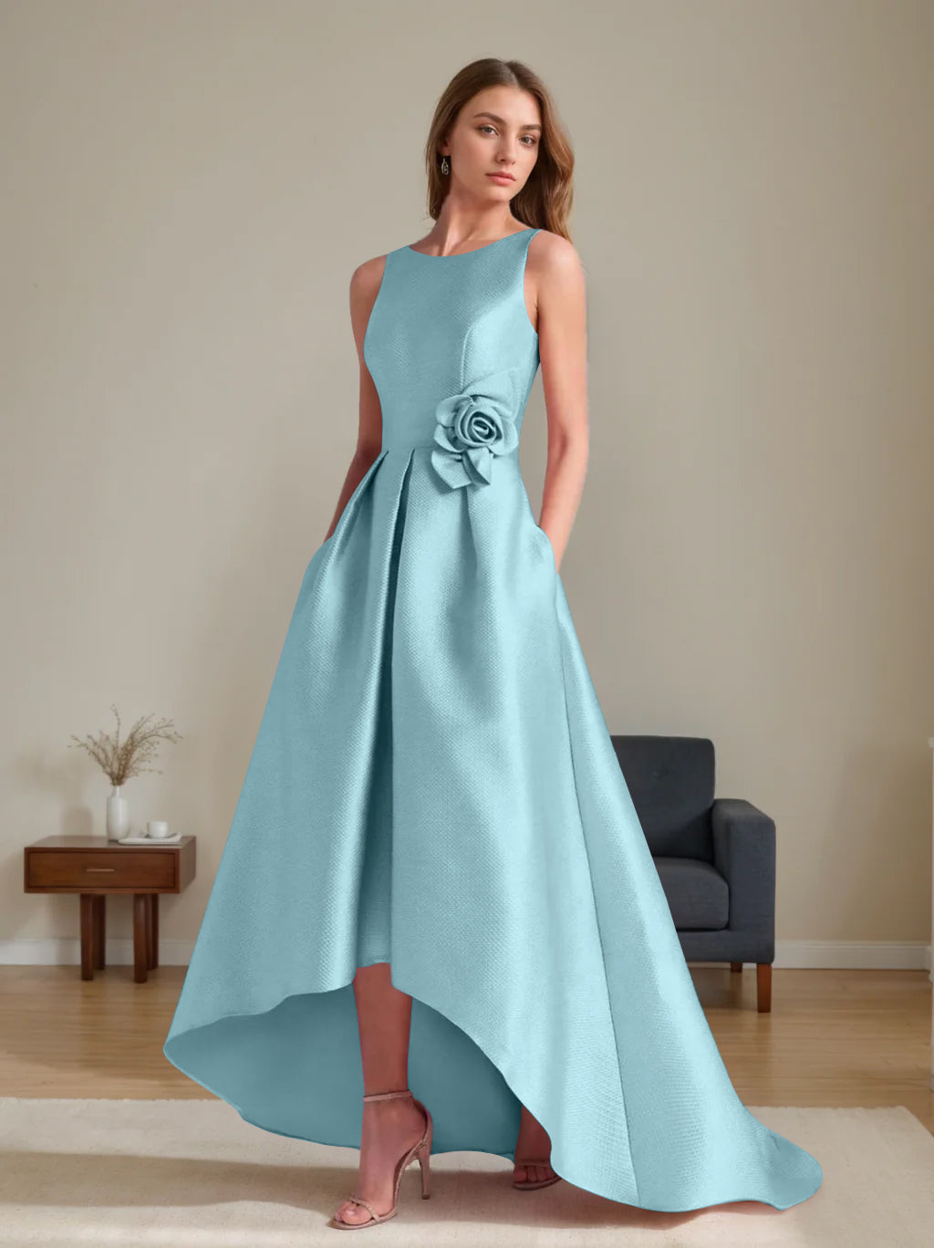 A Line Princess Scoop Sleeveless Asymmetrical Mother Of The Bride Groom Dresses With Flowers