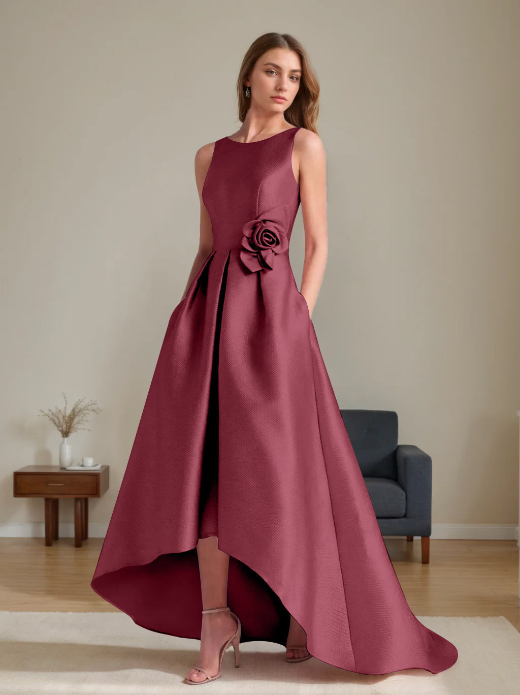 A Line Princess Scoop Sleeveless Asymmetrical Mother Of The Bride Groom Dresses With Flowers