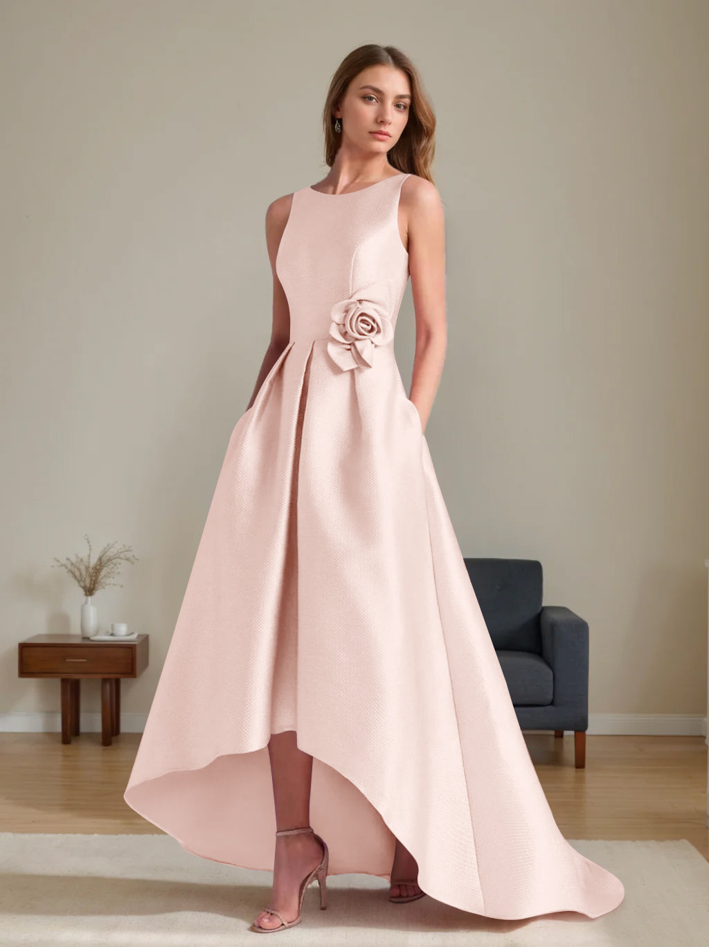 A Line Princess Scoop Sleeveless Asymmetrical Mother Of The Bride Groom Dresses With Flowers