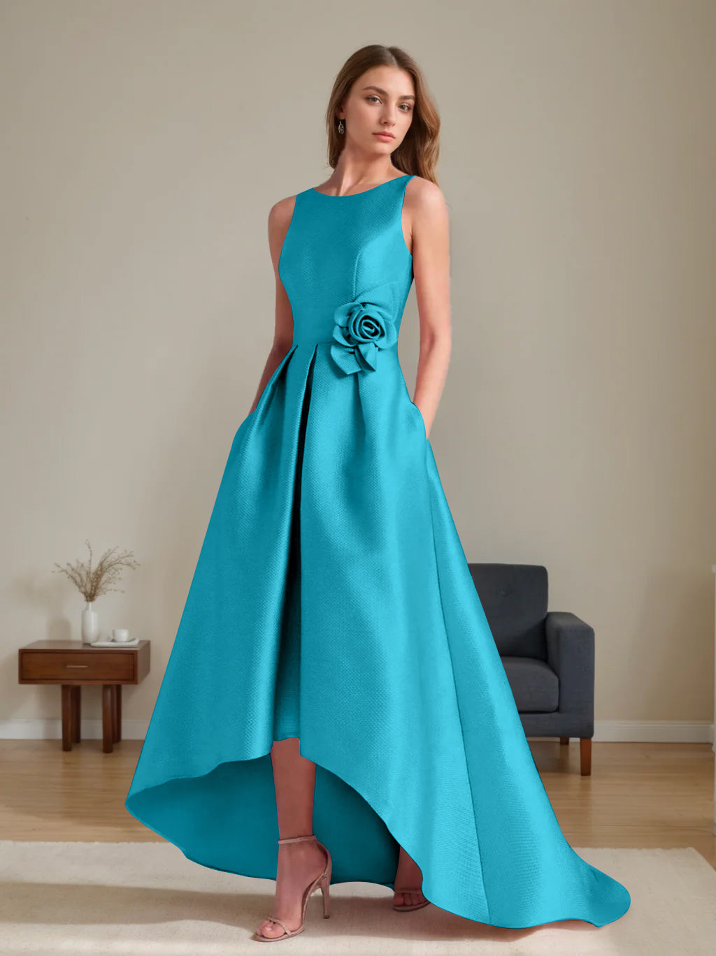 A Line Princess Scoop Sleeveless Asymmetrical Mother Of The Bride Groom Dresses With Flowers
