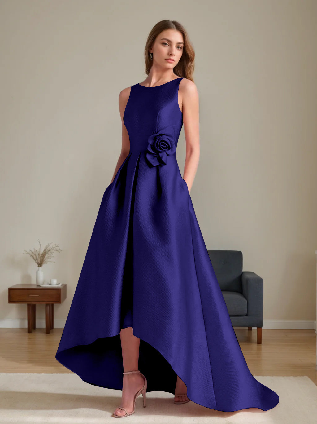 A Line Princess Scoop Sleeveless Asymmetrical Mother Of The Bride Groom Dresses With Flowers