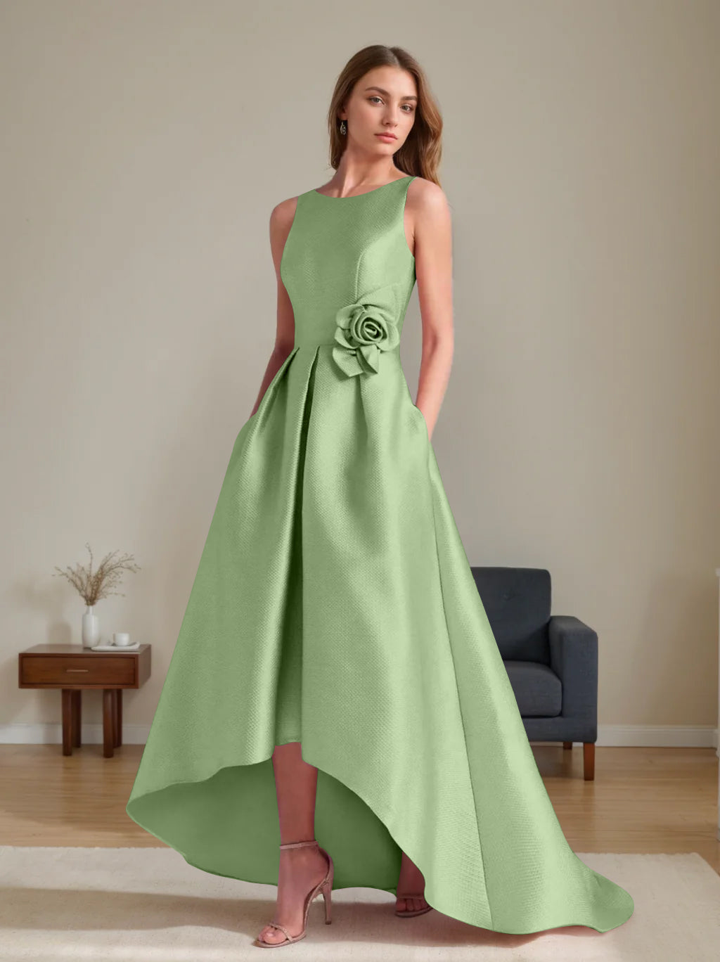 A Line Princess Scoop Sleeveless Asymmetrical Mother Of The Bride Groom Dresses With Flowers