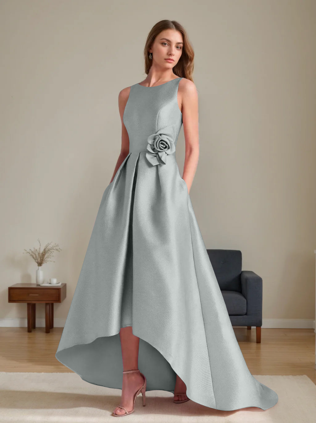 A Line Princess Scoop Sleeveless Asymmetrical Mother Of The Bride Groom Dresses With Flowers