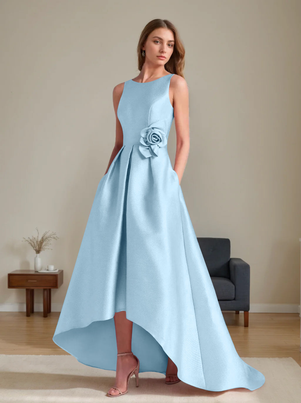A Line Princess Scoop Sleeveless Asymmetrical Mother Of The Bride Groom Dresses With Flowers
