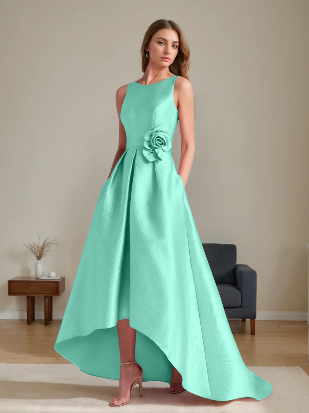 A Line Princess Scoop Sleeveless Asymmetrical Mother Of The Bride Groom Dresses With Flowers