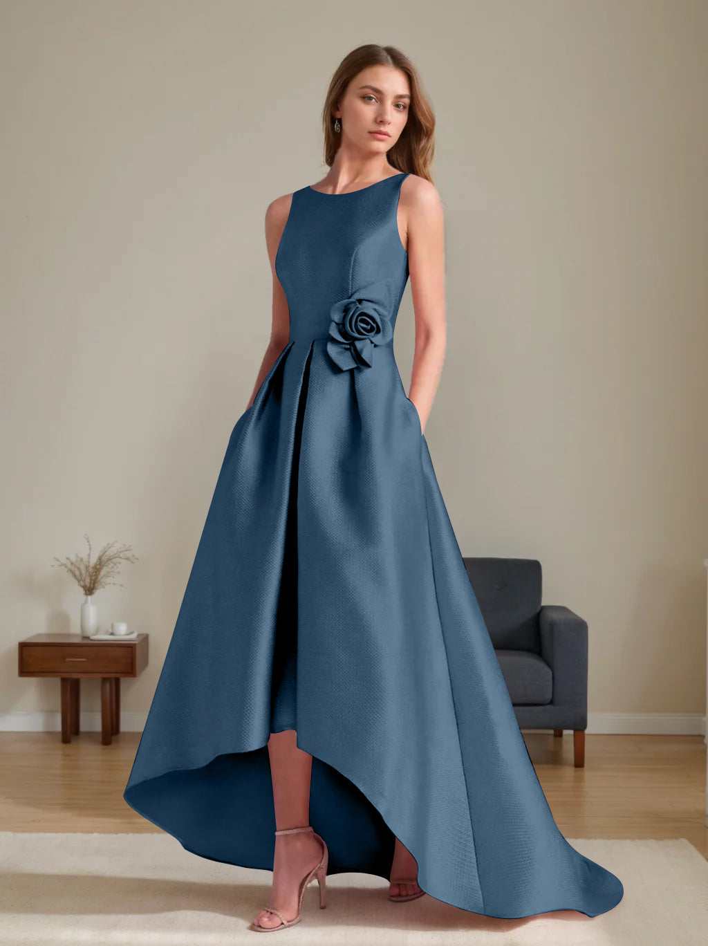 A Line Princess Scoop Sleeveless Asymmetrical Mother Of The Bride Groom Dresses With Flowers