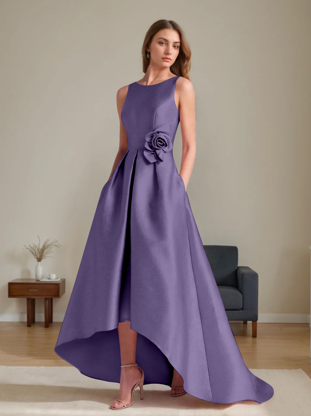 A Line Princess Scoop Sleeveless Asymmetrical Mother Of The Bride Groom Dresses With Flowers