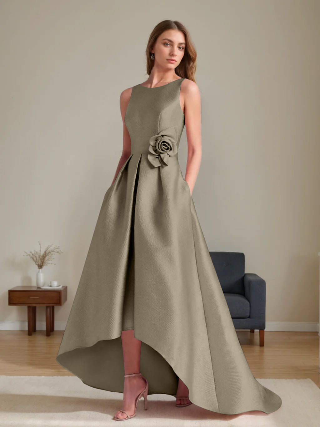 A Line Princess Scoop Sleeveless Asymmetrical Mother Of The Bride Groom Dresses With Flowers