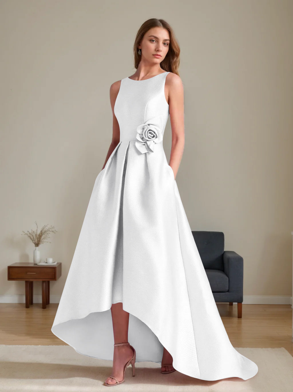 A Line Princess Scoop Sleeveless Asymmetrical Mother Of The Bride Groom Dresses With Flowers