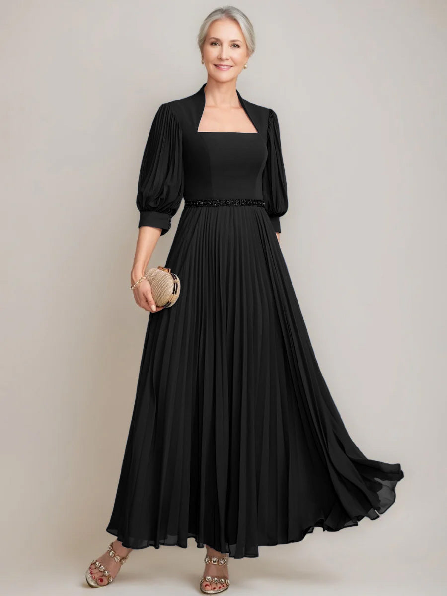 A Line Princess Queen Anne Neckline Ankle Length Pleated Mother Of The Bride Dresses With Sequins Beads