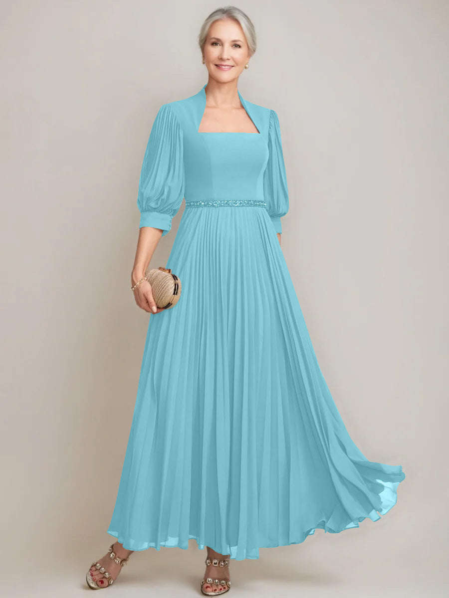 A Line Princess Queen Anne Neckline Ankle Length Pleated Mother Of The Bride Dresses With Sequins Beads