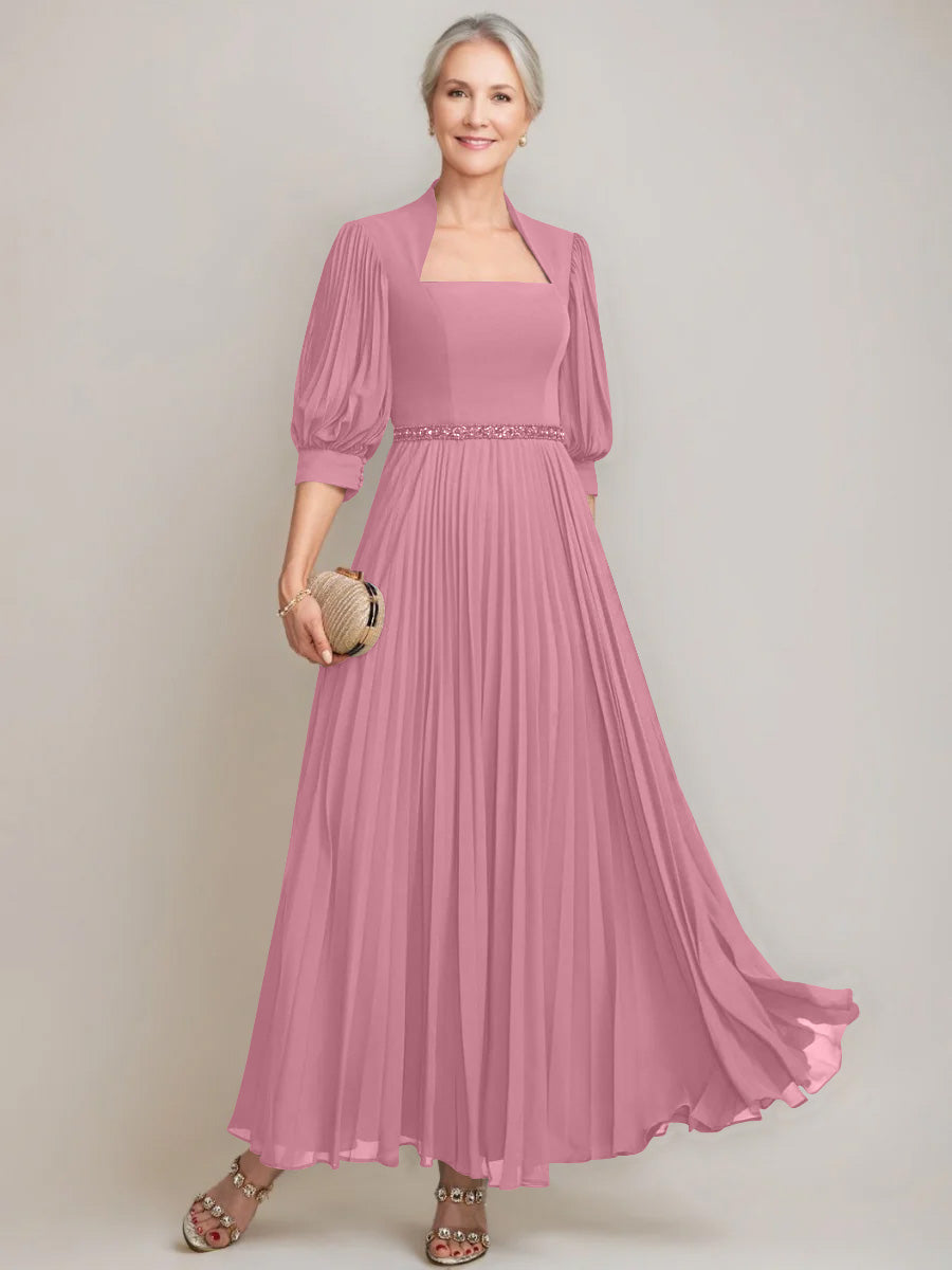 A Line Princess Queen Anne Neckline Ankle Length Pleated Mother Of The Bride Dresses With Sequins Beads