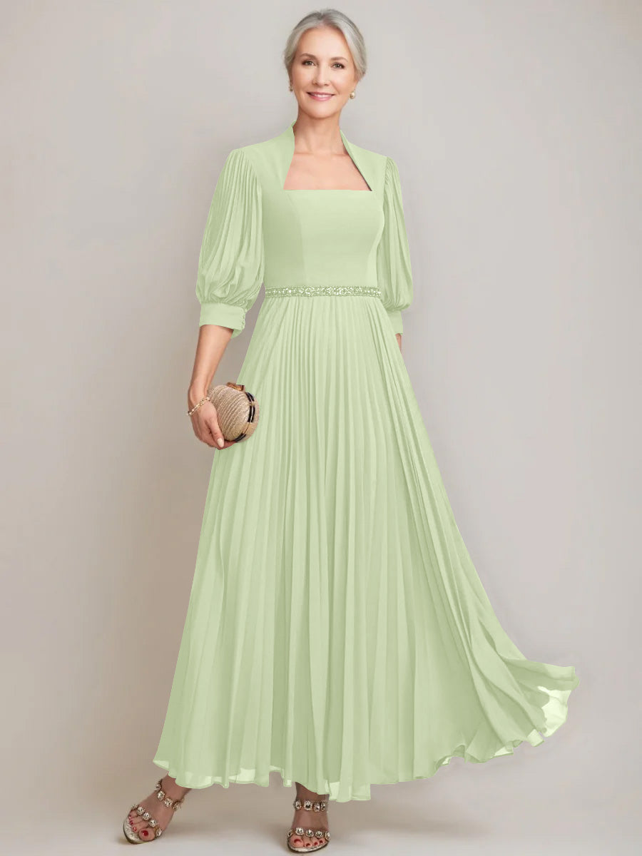 A Line Princess Queen Anne Neckline Ankle Length Pleated Mother Of The Bride Dresses With Sequins Beads