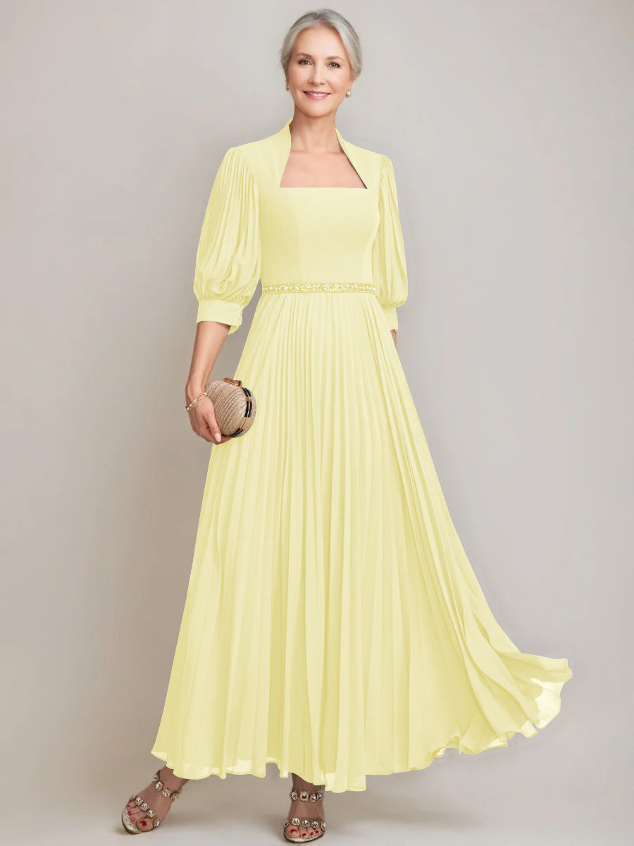 A Line Princess Queen Anne Neckline Ankle Length Pleated Mother Of The Bride Dresses With Sequins Beads