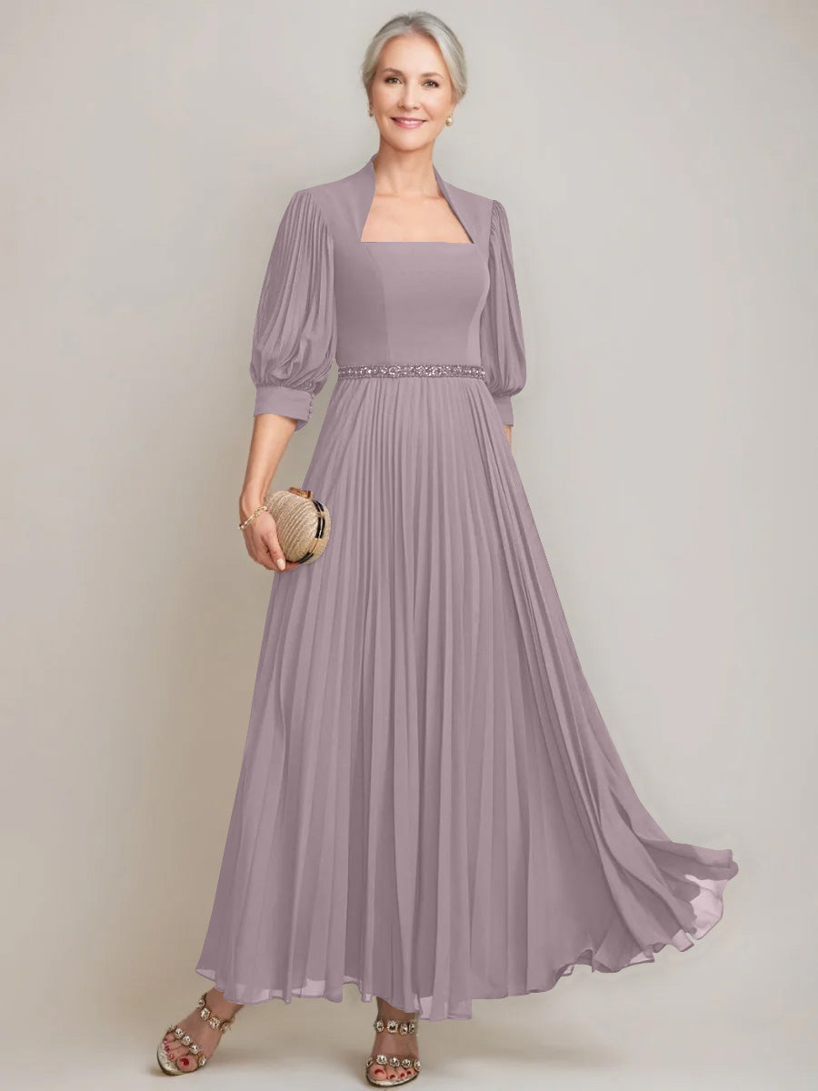 A Line Princess Queen Anne Neckline Ankle Length Pleated Mother Of The Bride Dresses With Sequins Beads