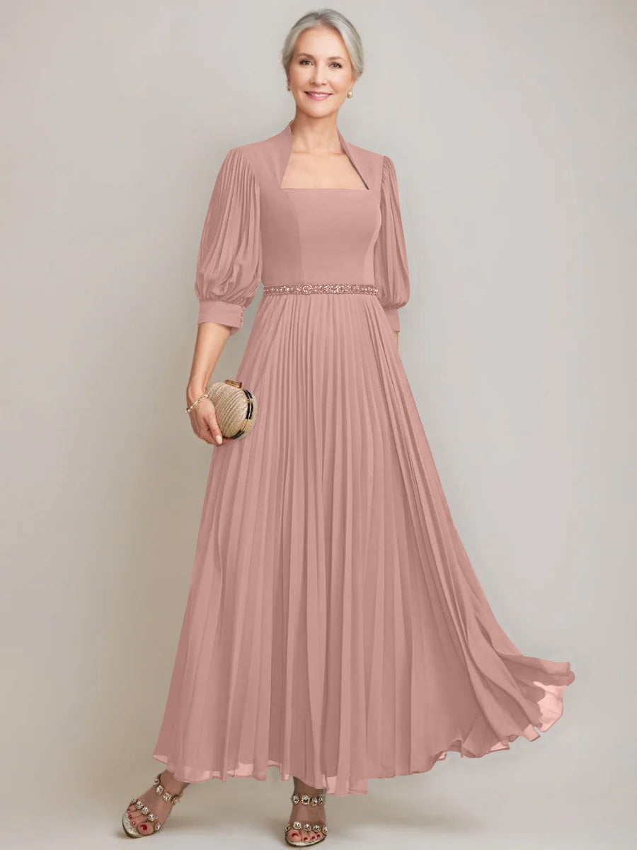 A Line Princess Queen Anne Neckline Ankle Length Pleated Mother Of The Bride Dresses With Sequins Beads