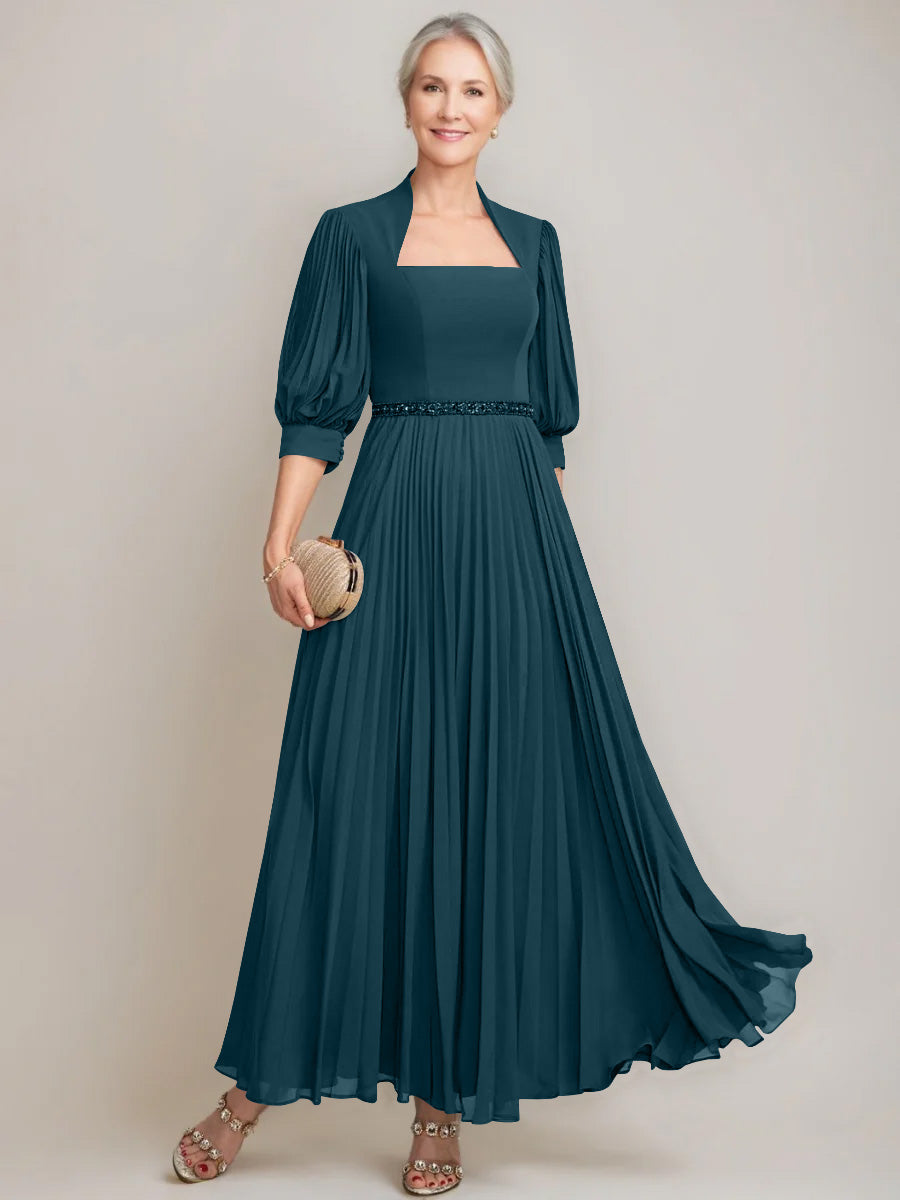 A Line Princess Queen Anne Neckline Ankle Length Pleated Mother Of The Bride Dresses With Sequins Beads