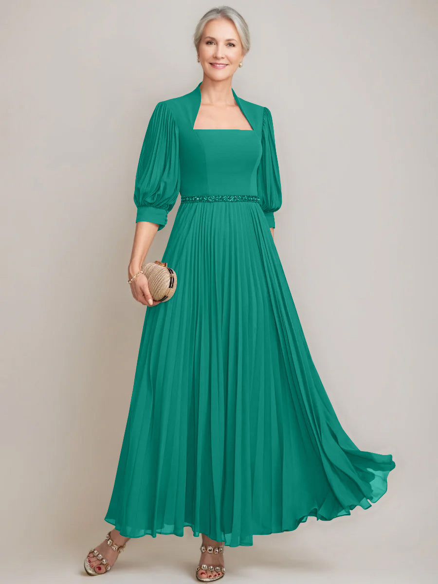 A Line Princess Queen Anne Neckline Ankle Length Pleated Mother Of The Bride Dresses With Sequins Beads
