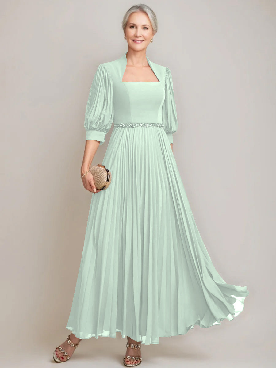 A Line Princess Queen Anne Neckline Ankle Length Pleated Mother Of The Bride Dresses With Sequins Beads
