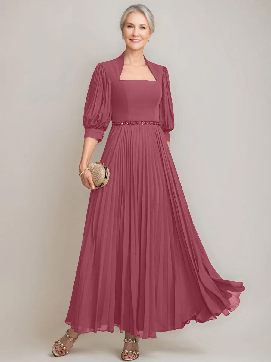 A Line Princess Queen Anne Neckline Ankle Length Pleated Mother Of The Bride Dresses With Sequins Beads