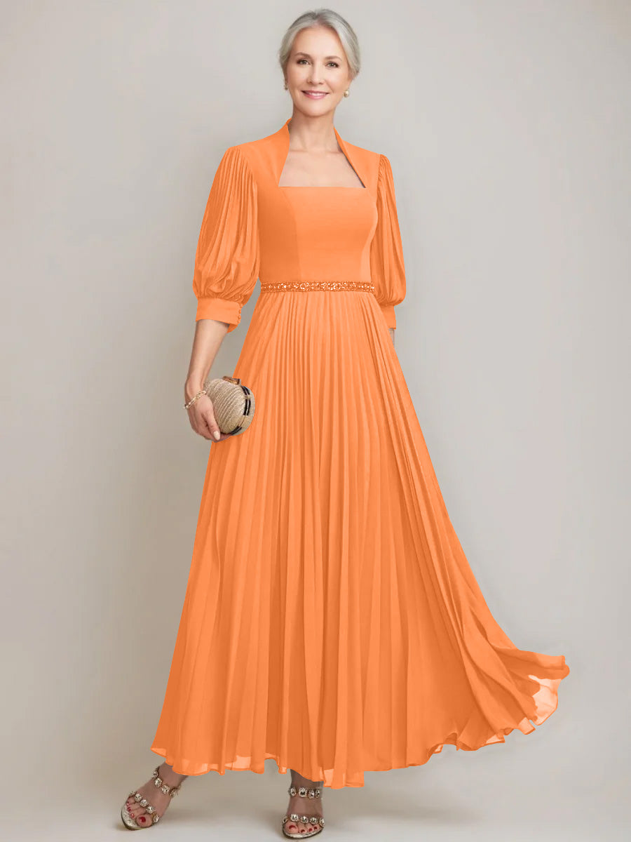 A Line Princess Queen Anne Neckline Ankle Length Pleated Mother Of The Bride Dresses With Sequins Beads
