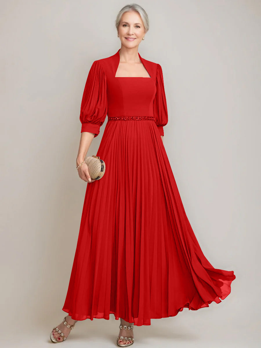 A Line Princess Queen Anne Neckline Ankle Length Pleated Mother Of The Bride Dresses With Sequins Beads