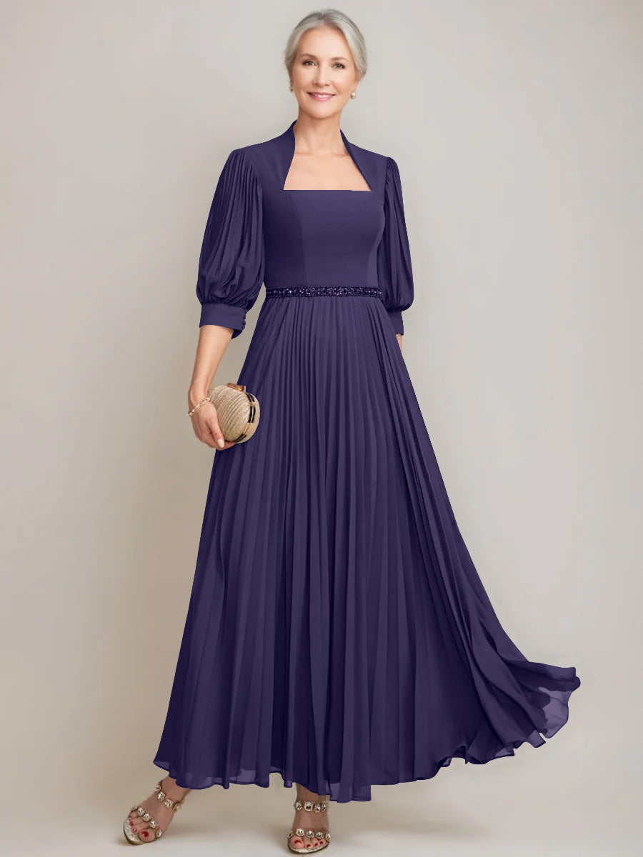 A Line Princess Queen Anne Neckline Ankle Length Pleated Mother Of The Bride Dresses With Sequins Beads