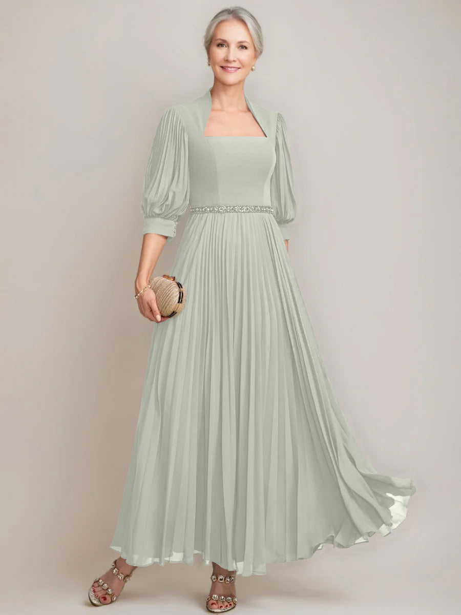A Line Princess Queen Anne Neckline Ankle Length Pleated Mother Of The Bride Dresses With Sequins Beads