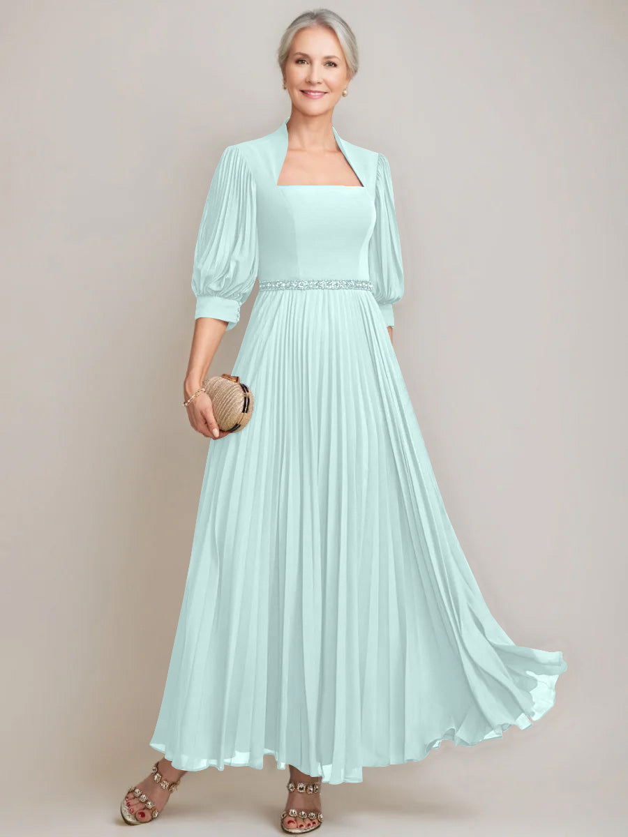 A Line Princess Queen Anne Neckline Ankle Length Pleated Mother Of The Bride Dresses With Sequins Beads