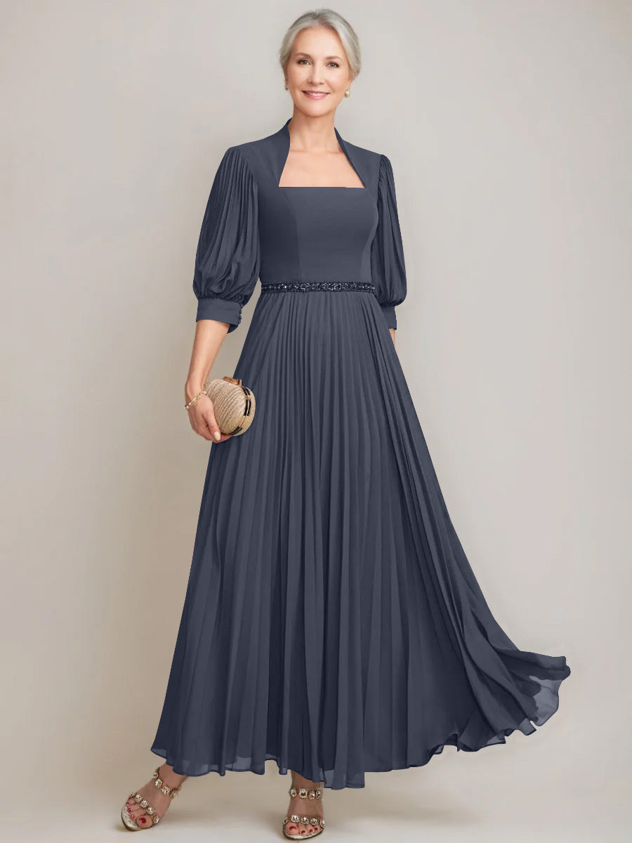 A Line Princess Queen Anne Neckline Ankle Length Pleated Mother Of The Bride Dresses With Sequins Beads