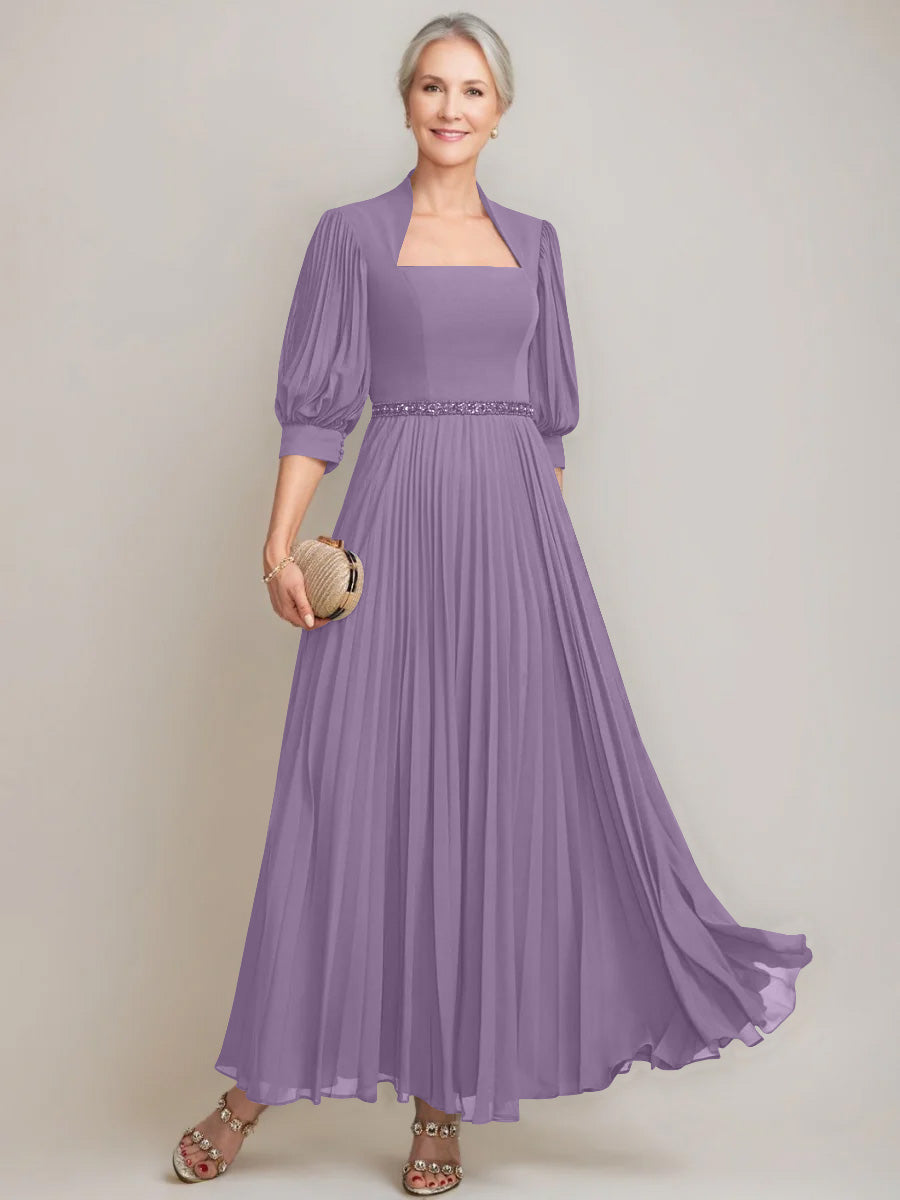 A Line Princess Queen Anne Neckline Ankle Length Pleated Mother Of The Bride Dresses With Sequins Beads