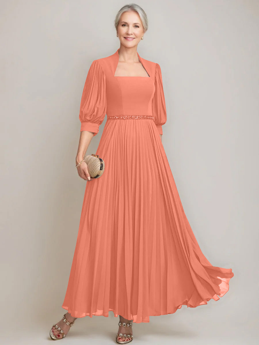 A Line Princess Queen Anne Neckline Ankle Length Pleated Mother Of The Bride Dresses With Sequins Beads
