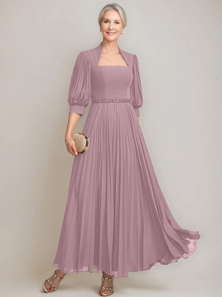 A Line Princess Queen Anne Neckline Ankle Length Pleated Mother Of The Bride Dresses With Sequins Beads