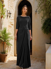 Sheath Column Cowl Neck 3 4 Sleeves Floor Length Mother Of The Bride Dresses With Tulle Sash Slit Jewel Appliques