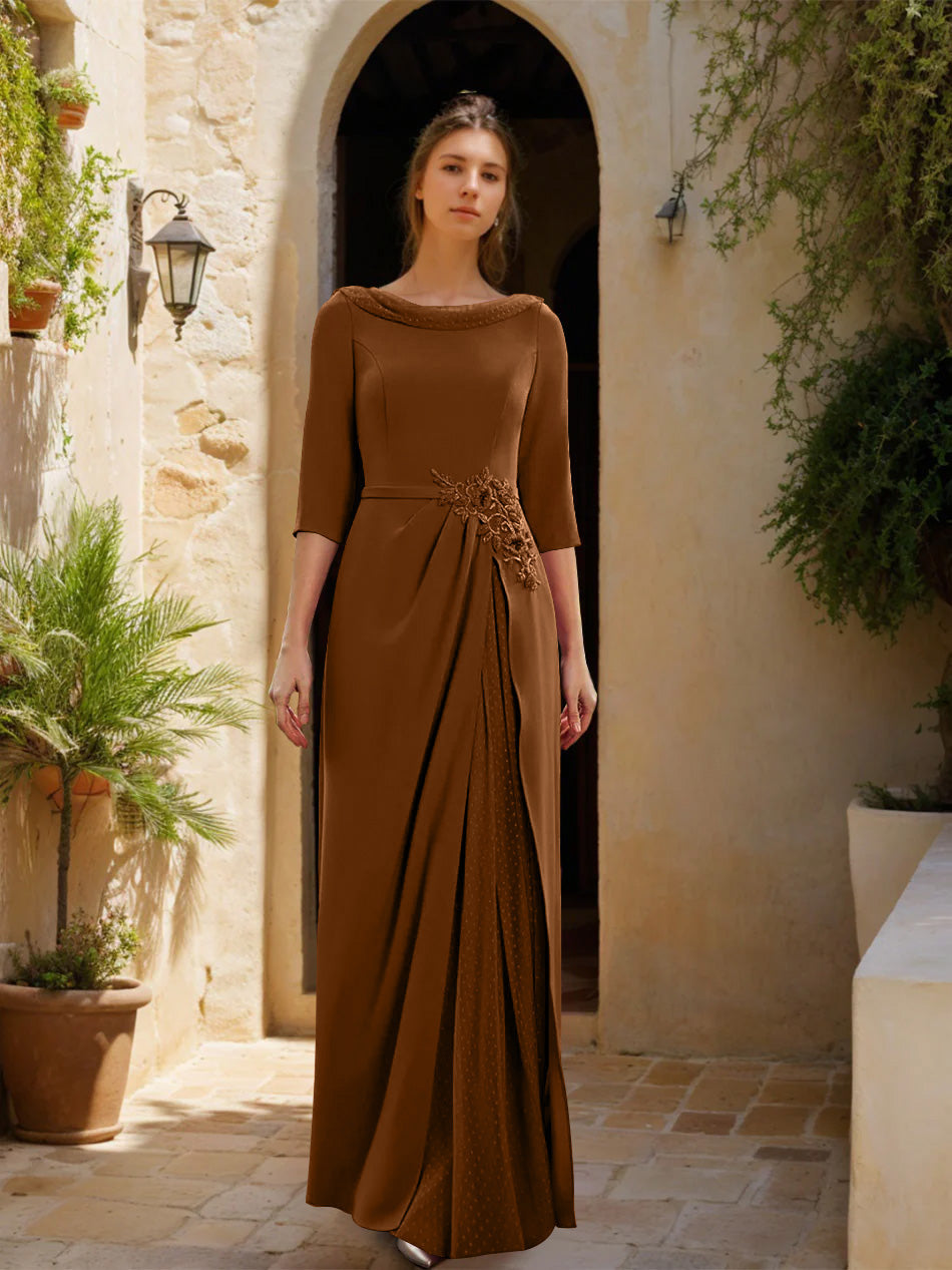 Sheath Column Cowl Neck 3 4 Sleeves Floor Length Mother Of The Bride Dresses With Tulle Sash Slit Jewel Appliques