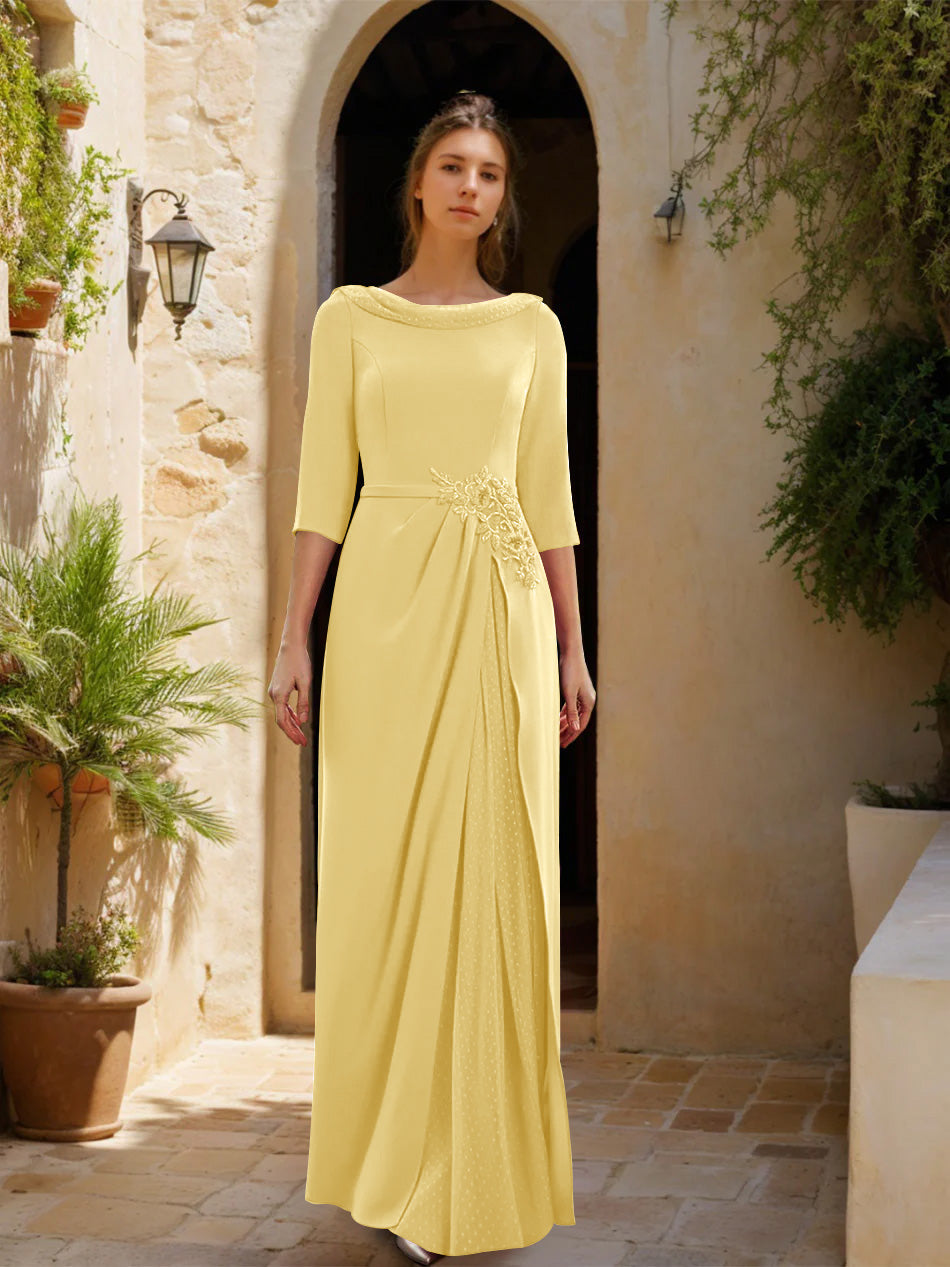 Sheath Column Cowl Neck 3 4 Sleeves Floor Length Mother Of The Bride Dresses With Tulle Sash Slit Jewel Appliques