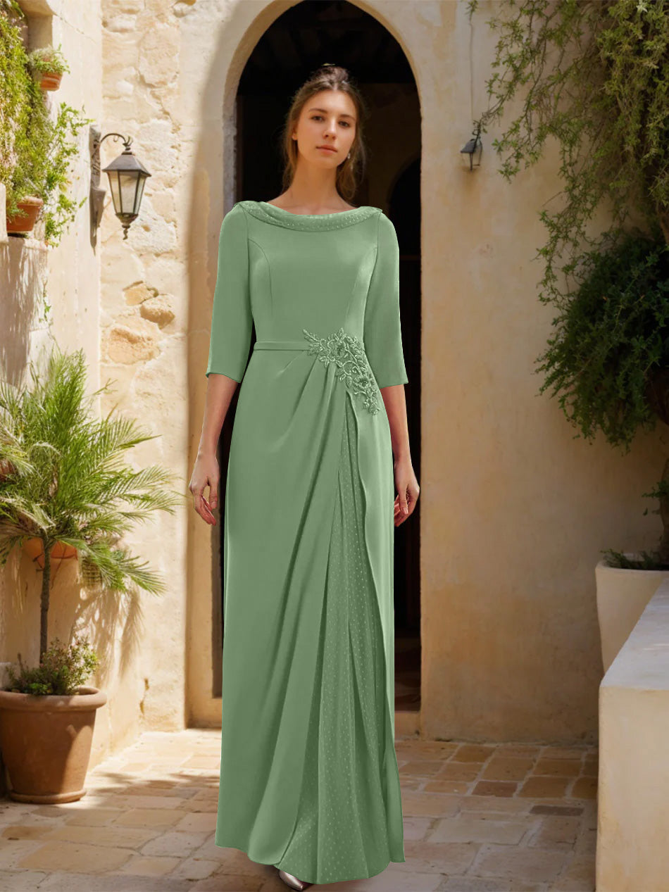 Sheath Column Cowl Neck 3 4 Sleeves Floor Length Mother Of The Bride Dresses With Tulle Sash Slit Jewel Appliques