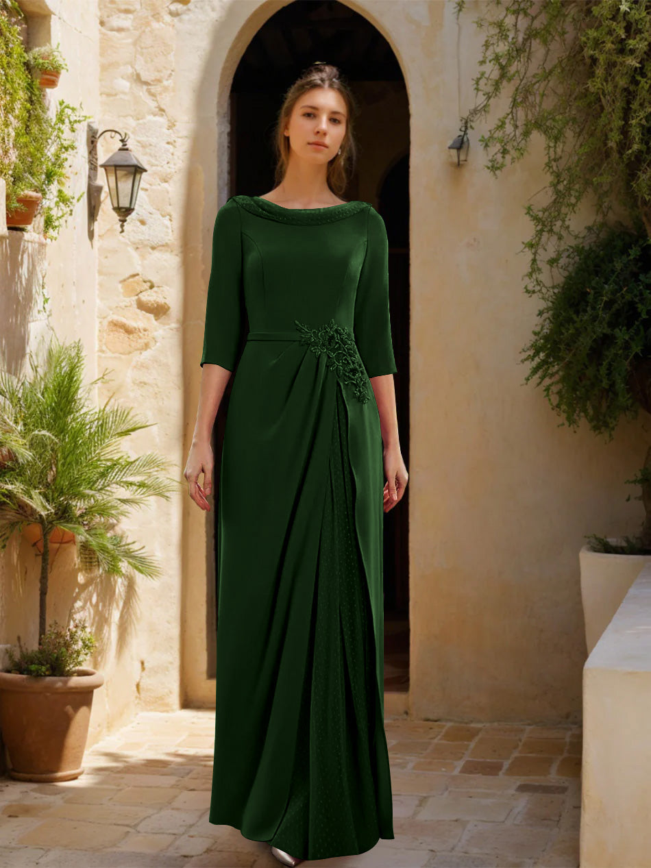 Sheath Column Cowl Neck 3 4 Sleeves Floor Length Mother Of The Bride Dresses With Tulle Sash Slit Jewel Appliques