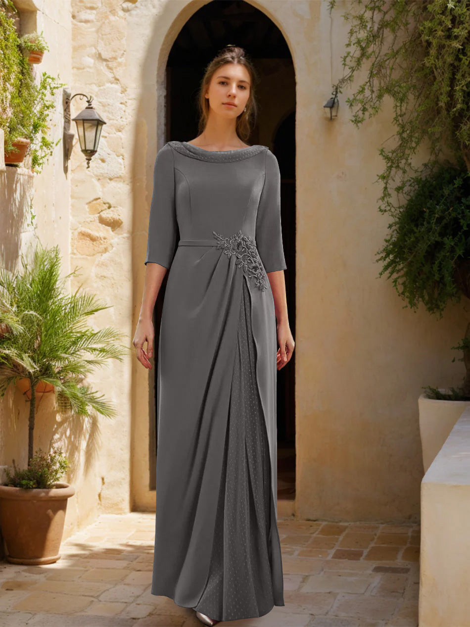 Sheath Column Cowl Neck 3 4 Sleeves Floor Length Mother Of The Bride Dresses With Tulle Sash Slit Jewel Appliques