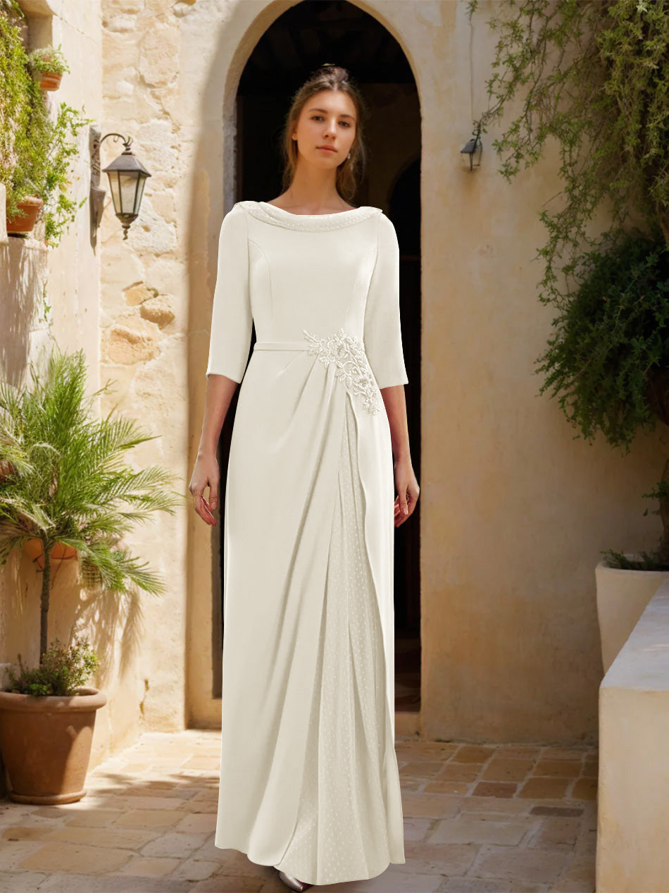 Sheath Column Cowl Neck 3 4 Sleeves Floor Length Mother Of The Bride Dresses With Tulle Sash Slit Jewel Appliques