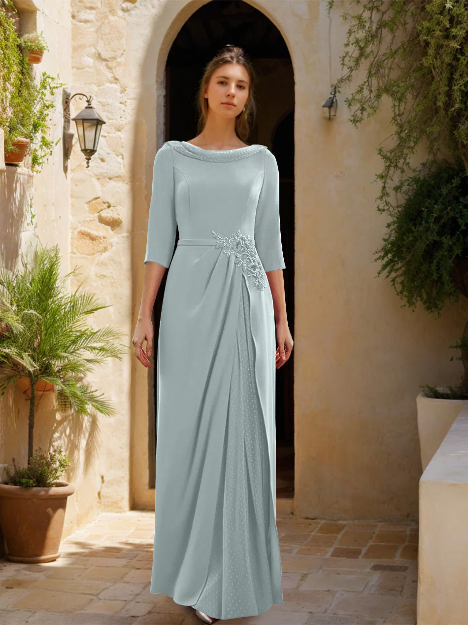 Sheath Column Cowl Neck 3 4 Sleeves Floor Length Mother Of The Bride Dresses With Tulle Sash Slit Jewel Appliques