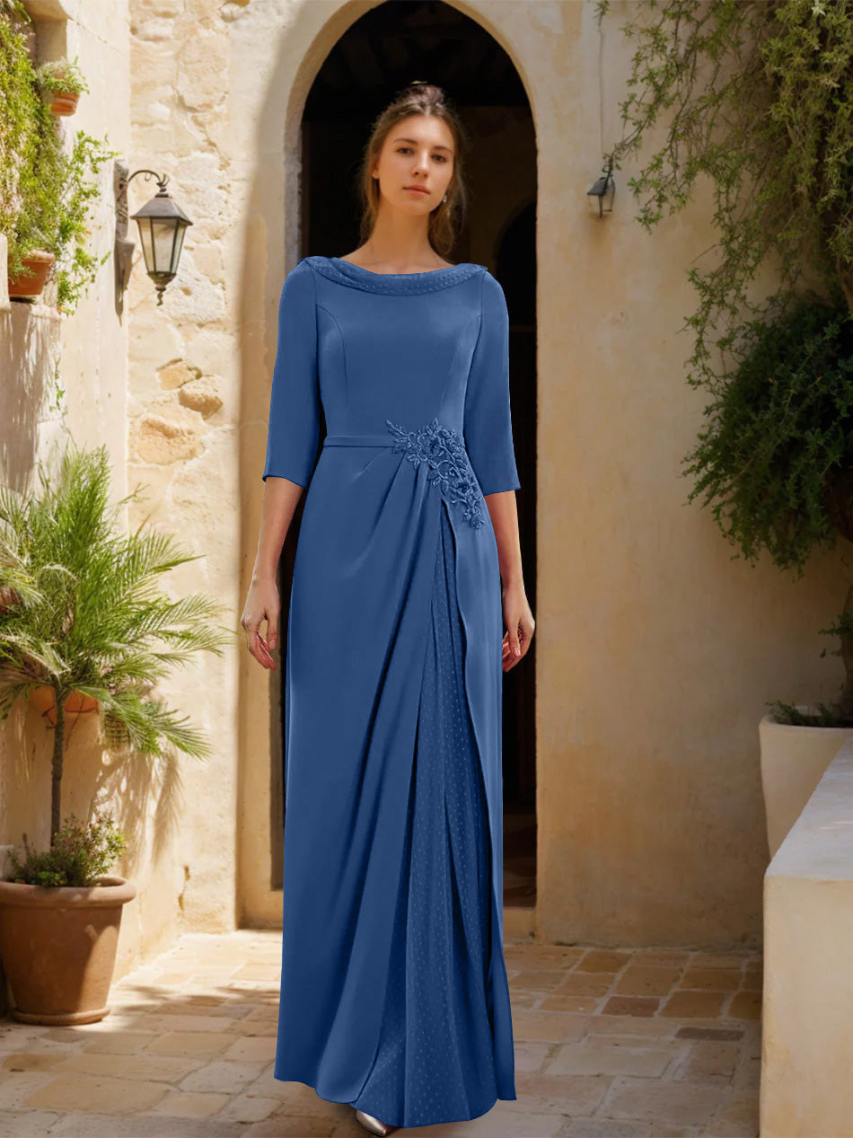 Sheath Column Cowl Neck 3 4 Sleeves Floor Length Mother Of The Bride Dresses With Tulle Sash Slit Jewel Appliques