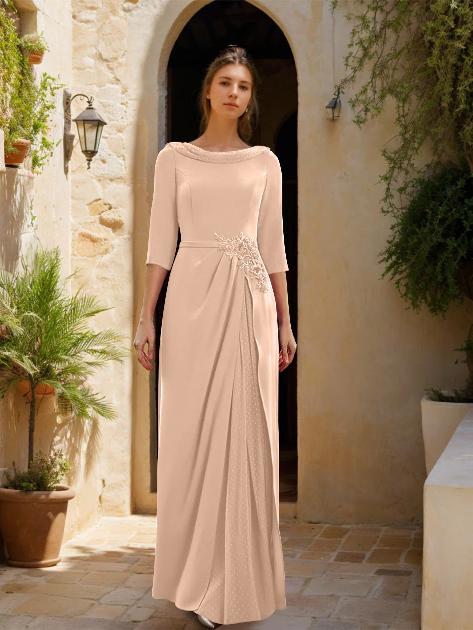 Sheath Column Cowl Neck 3 4 Sleeves Floor Length Mother Of The Bride Dresses With Tulle Sash Slit Jewel Appliques
