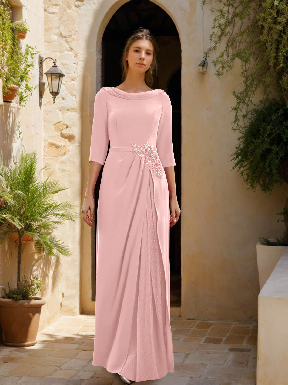 Sheath Column Cowl Neck 3 4 Sleeves Floor Length Mother Of The Bride Dresses With Tulle Sash Slit Jewel Appliques