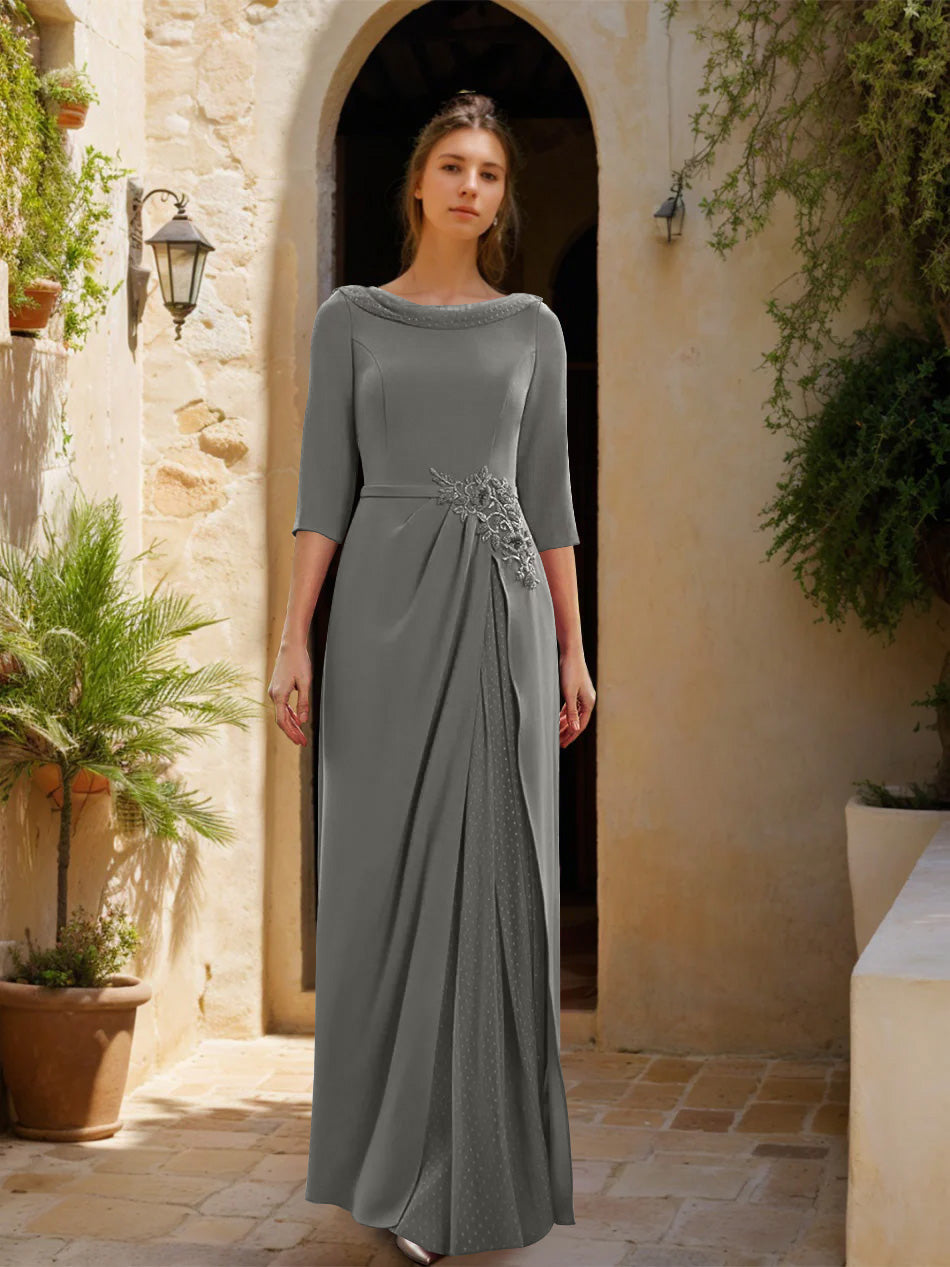 Sheath Column Cowl Neck 3 4 Sleeves Floor Length Mother Of The Bride Dresses With Tulle Sash Slit Jewel Appliques